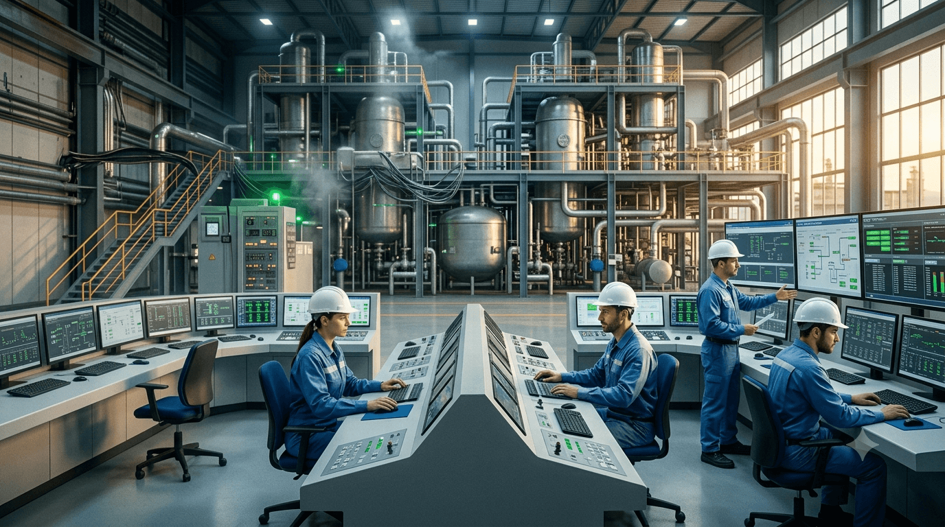 Sala de control de planta industrial operando con calma y orden