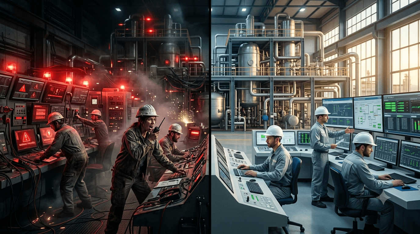 Contraste entre una sala de control de planta en crisis y la misma planta operando bajo control